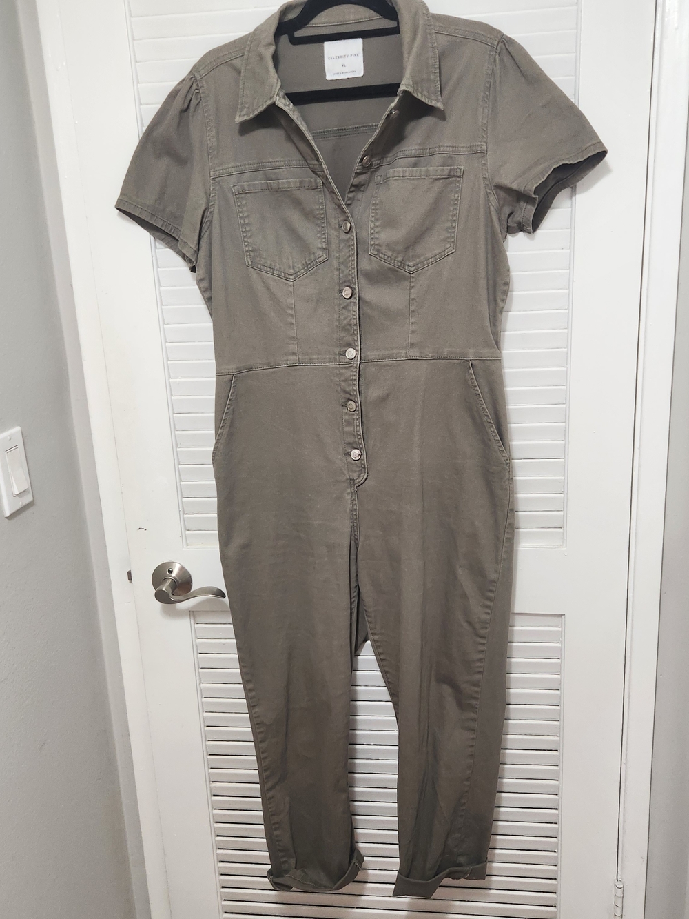 Celebrity Pink Short-Sleeve Button-Front Utility Jumpsuit in Olive